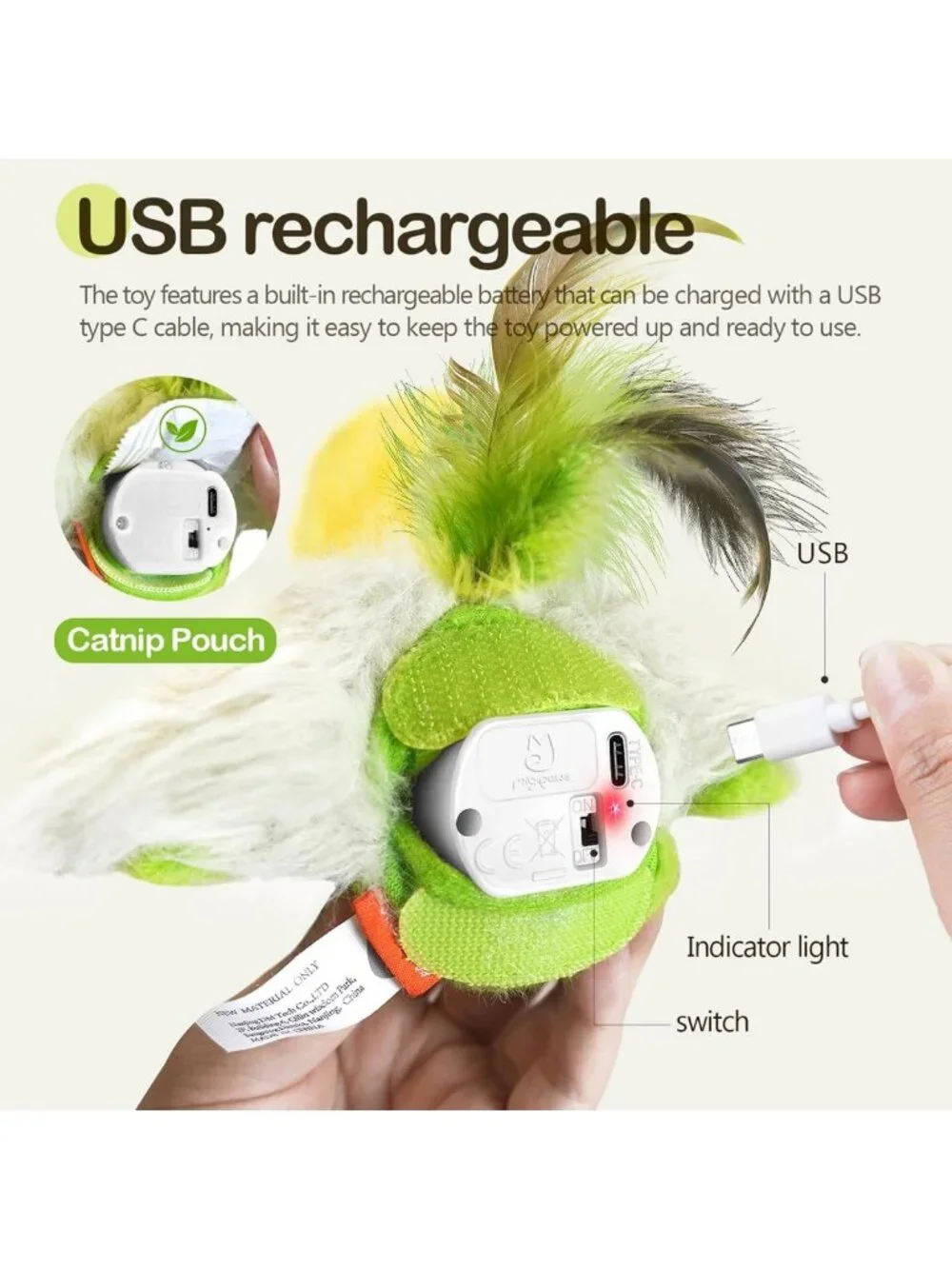 Interactive Cat Toy - Lifelike Flying Bird with Catnip & Feathers, Rechargeable
